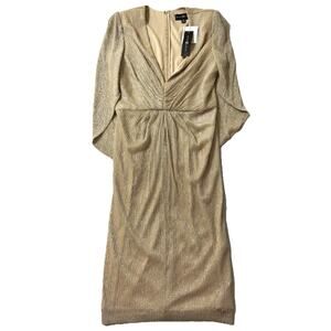 Betsy Adam Size 14 Glitter Gold Drape Midi Dress Formal Stretch Lightweight NWT